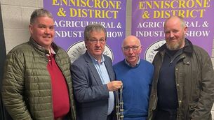 <p>Enniscrone Show committee extend thanks to Bos and Johnny Kilcullen, sons of Edward, who graciously handed over the chain of honour to new president Larry Jones, at their AGM recently. Pictured from left are Boz Kilcullen, Gerry Curley, Enniscrone Show committee, new president Larry Jones and Johnny Kilcullen.</p>