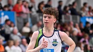 <p>23 February 2025; Seamus Clarke of Moy Valley AC, competes in the men's 5000m Walk during day two of the 123.ie National Senior Indoor Championships at the National Indoor Arena on the Sport Ireland Campus in Dublin. Photo by Sam Barnes/Sportsfile </p>