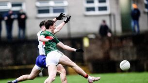 <p>Allianz Football League Division 1, St. Tiernach's Park, Monaghan 22/2/2026 Monaghan vs Mayo Mayo's Kobe McDonald shoots to score his side's second goal of the match Mandatory Credit ©INPHO/Tom Maher</p>