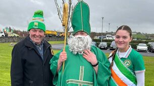 <p>Ava Hallinan was the wonderful Grand Marshall at Enniscrone St Patrick's Day Parade pictured with Enniscrone Events chairperson Joe Queenan and the new resident St Patrick, Vincent Igoe.</p>