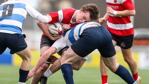<p>Dan Doheny of St Raphael's is tackled by Finn Hanley of Rice College during the Connacht Rugby Senior Boys 'B' Cup final at Dexcom Stadium in Galway last Wednesday.	Pictures: INPHO/Nick Elliott</p>