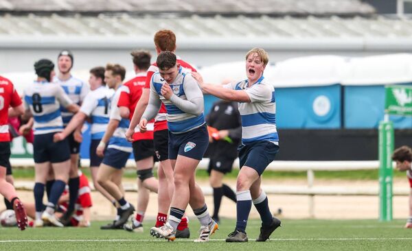 Felix Zeray and Pheilim Sheridan celebrate after a Rice College try. 