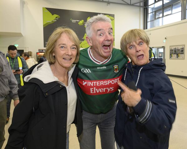 Yvonne Croke, Clarinbridge, and Audrey Maughan, Castlebar, with Ryanair CEO Michael O’Leary in Knock. Picture: Michael McLaughlin