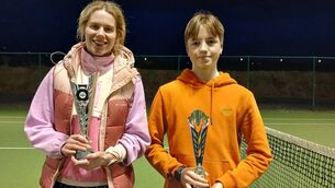 <p>Leah Ginty and Joachim Kelly with their prizes after they contested the final of the one point slam at Ballina Tennis Club.</p>