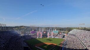 <p>Western People columnist Christy Loftus attended last Thursday's opening game of the 2026 World Baseball Series between Los Angeles Dodgers and the Arizona Diamondbacks at Dodgers Stadium where a US Airforce flyover (above) took place beforehand.	Picture: Ronald Martinez/Getty Images</p>