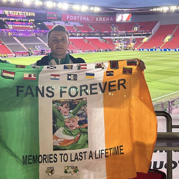 Western People's Tom Byrne proudly flying the flag for Ireland in Prague last Thursday night.