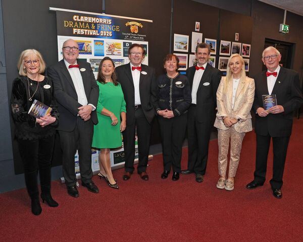 Carmel Glynn, John Russell, Marie Murphy, Pat Doyle, Marguerita Doyle. Robert Holden, Rachel Comer and Pat Walsh, at the opening night of the Claremorris Drama and Fringe Festival in the Town Hall Theatre, Claremorris.	Picture: Michael Donnelly