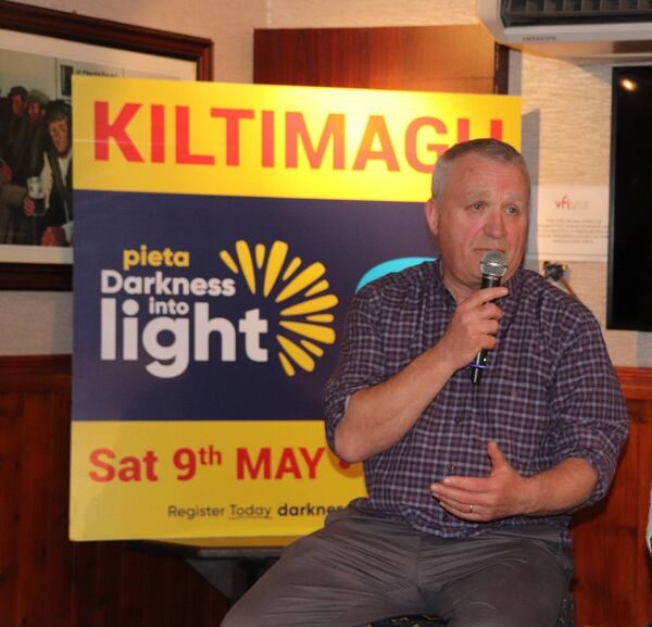 Redmond Murphy, father of the late Red Óg Murphy, speaking at the 2026 launch of Darkness into Light Kiltimagh.