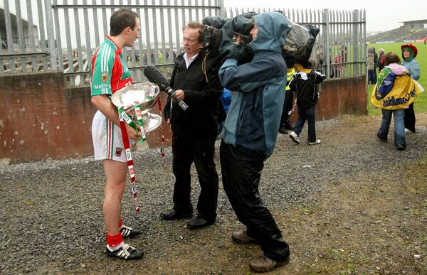 Mayo captain Alan Dillon holds the Nestor Cup as he speaks to RTE's Marty Morrissey after the 2011 Connacht SFC final, the first of five consecutive provincial titles won by the Green and Red during the managerial reigns of James Horan (4) and Pat Holmes/Noel Connelly (1). Horan would return to lead the county to two more provincial titles but Mayo is without one since 2021.