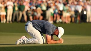 <p>Rory McIlroy celebrates winning the 2025 Masters Tournament after the playoff hole on the 18th green at Augusta National Golf Club. Picture: Richard Heathcote/Getty Images</p>