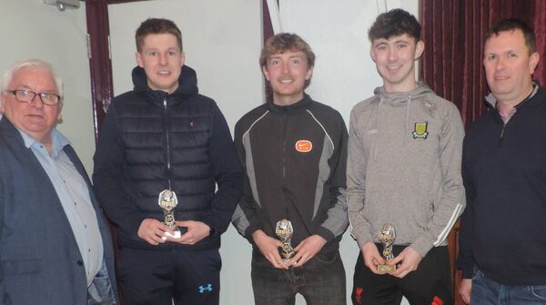 At the Good Friday Quiz in Kilmovee Community Centre were Cllr John Caulfield (quiz master) and Gerrard Duffy (quiz coordinator) with the winners of the adult segment of the quiz; Peter Duffy, Corey Duffy, and Issac Regan. Pic James Hunt Photography.