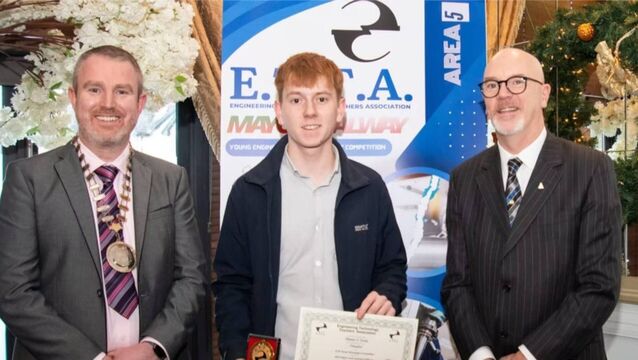 <p>Shane O'Toole (centre), son of Des and Joan O'Toole Madogue on receiving his award at The Engineering Technology Teachers Association National Conference held in Athenry, Co Galway recently. Shane received his award for taking first place in the Area 5 region (Mayo and Galway) for his project on "Water Generating Electricity and Renewables". </p>