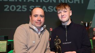 <p>Aidan Dunleavy, Mayo Football League, presents Kilmurry's Keaton Walsh with the U17 Division One Player of the Month award for April at the Youth Awards night in the TF Royal Hotel and Theatre, Castlebar. Pictures: Michael Donnelly</p>