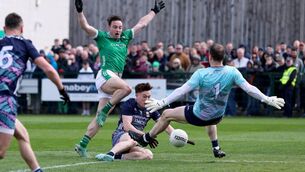 <p>London's Micheál O'Reilly has a first-half goal attempt blocked by Mayo corner-back Jack Coyne.	Picture: INPHO/Gerry McManus</p>
