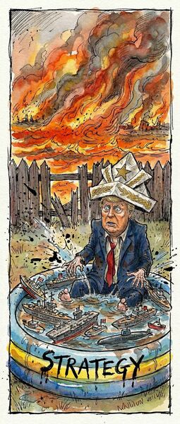 Donald Trump arrived at this conflict the way he arrives at everything - loudly, confidently, and with approximately the strategic buoyancy of a paddling pool. Illustration: Conor McGuire