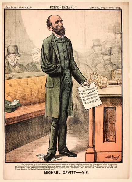 A sketch from the United Ireland newspaper of Michael Davitt addressing the House of Commons. 