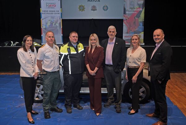 Pictured at the Mayo County Council/AXA Roadsafe Road show were, from left: Frances Mitchell, Road Safety Officer, Mayo County Council; Derek Walsh, Paramedic, National Ambulance Service; Garda Michael O’Gorman, An Garda Siochána; Hayley Coleman, Leo Leigheo, Dr Lisa Cunningham, A&amp;E Consultant, Mayo University Hospital; Mick Comerford, AXA Insurance. Pictures: Conor McKeown