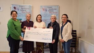<p>The proceeds of a recent benefit concert for Down Syndrome Mayo are presented by Breege Keogh to Deirdre O'Malley from Down Syndrome Mayo. Also in the photo are Tzyy Wang, Bernie Muldowney and Kay Curley from Ballyhaunis Community Council.</p>