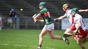 <p>Mayo’s Eoin Delaney fires home a goal during the Nickey Rackard Cup Rd 2 tie against Tyrone at Hastings Insurance MacHale Park this afternoon. Picture: David Farrell</p>
