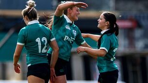 <p>Ireland U21s try scorer Emily Foley (right) from Ballina is congratulated after the match by Siofra Hession.	Picture: INPHO/Andrew Conan</p>