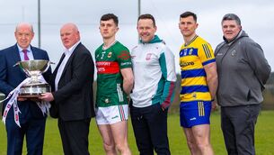 <p>At the launch of the 2026 Connacht SFC were, from right to left: Roscommon manager Mark Dowd, Roscommon captain Diarmuid Murtagh, Mayo manager Andy Moran, Mayo captain Jack Coyne, AIB's Seamus Cronin and Connacht GAA vice president Tommy Kelly.	Picture: INPHO/Tom O’Hanlon</p>