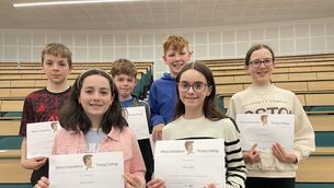 <p>Marco McDonagh, Kate McKenzie, Dylan Hannick, Donnacha Gavin, Holly Carolan and Niamh Murphy at the Bebras National Finals in Maynooth University. </p>