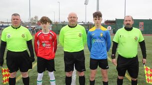 <p>The captains of St Joseph's Secondary School Foxford and Coláiste Ailigh Letterkenny with the match officials ahead of the national semi-final, which St Joseph's won 1-0.</p>