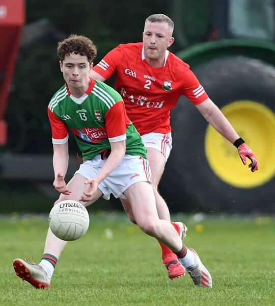 Ballina Stephenites corner-forward Patrick Carr gets out in front of Garrymore's Alan Commins. Picture: David Farrell