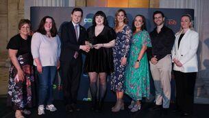 <p>Pictured at the AsIAm Autism Friendly Town Awards 2026 were, from left: award judges Charlene Tait and Laragh Smith, Adam Harris (AsIAm), Ballina committee representatives Rebecca Connor-Wood, Elisha Beattie and Annette Kenny, and Eric Roberts and Courtnee Kyle (PTSB).</p>