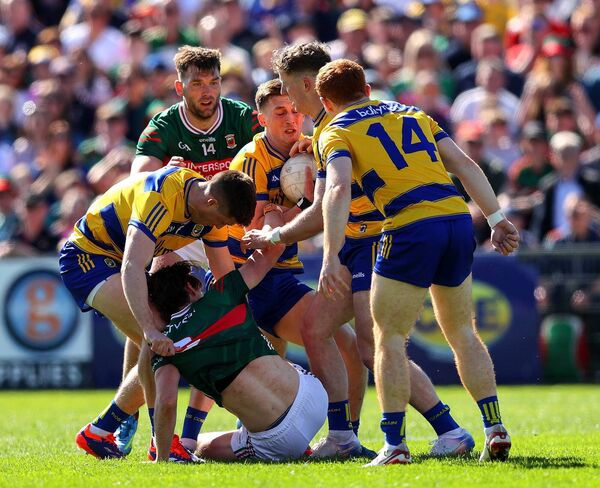 Mayo's Sam Callinan is tackled to the ground by a swarm of Roscommon opponents during the recent Connacht SFC semi-final in Castlebar. Picture: INPHO/Tom O’Hanlon Mayo's Sam Callinan is tackled to the ground by a swarm of Roscommon opponents during the recent Connacht SFC semi-final in Castlebar. Picture: INPHO/Tom O’Hanlon