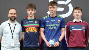 <p>Students from St Joseph’s Community College, Charlestown with David Friel, left, at PExpo in Dublin last Thursday. </p>