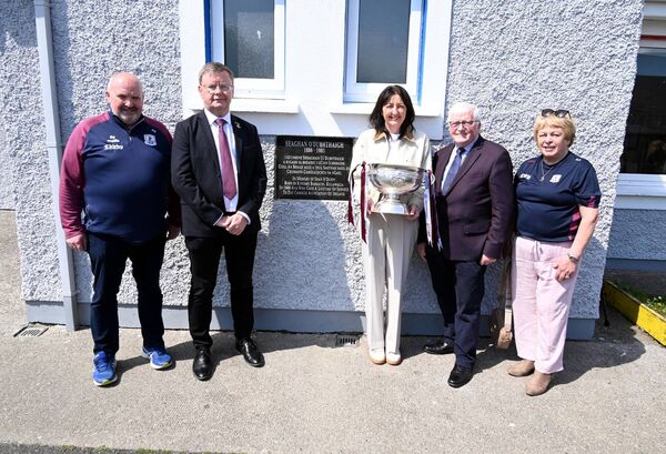 Pictured at Killawalla National School with the Sean O'Duffy Cup were, from left: Paul Kelly, Chairperson, Galway Camogie; Brian Molloy, President, Camogie Association of Ireland; Imelda Hobbins, Loughrea, who captained Galway to win the cup for the first time in 1996; and Frank and Anne Kearney, organisers of the event.