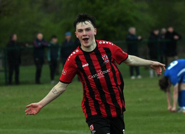 Westport United’s Alex Halpin celebrates giving his side the lead in the opening period of extra-time. Picture: David Farrell Photography