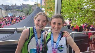 <p>Western People Mayo.ie Women's Mini Marathon winner Roxane Sands, left, of Moy Valley AC alongside er clubmate Grace Tighe, who finished sixth. Picture: Western People</p>