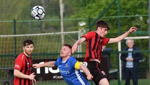 <p>Midfield action between Ballina Town and Westport United players during the Benson Cup tie at Belleek Park last Saturday evening. Picture: David Farrell Photography </p>