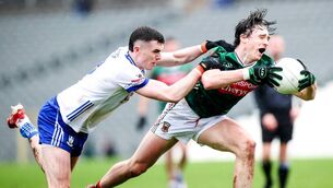 <p>Mayo's Sam Callinan is tackled by Micheal McCarville of Monaghan during their Allianz NFL Division 1 tie earlier this year. Picture: INPHO/Tom Maher</p>