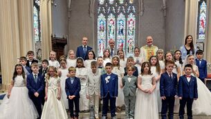 <p>Second Class pupils from Behy National School, Ballina pictured after receiving their First Holy Communion in St Muredach's Cathedral, Ballina recently. Also included in the photo are, back row, from left: Mark Sheridan (teacher), Pat Cunnane (Principal), Fr Anthony Gillespie and Maeve Moyles (SNA).</p> <p>Second Class pupils from Behy National School, Ballina pictured after receiving their First Holy Communion in St Muredach's Cathedral, Ballina recently. Also included in the photo are, back row, from left: Mark Sheridan (teacher), Pat Cunnane (Principal), Fr Anthony Gillespie and Maeve Moyles (SNA).</p>