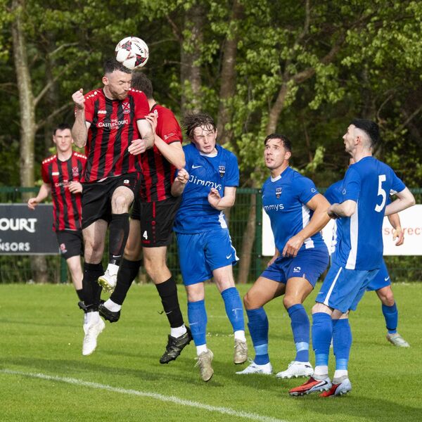 Westport’s Darren Browne and Noah Massey win the ball from Ballina’s Oran Canavan, Chris Maughan and Stephen Melvin. Westport’s Darren Browne and Noah Massey win the ball from Ballina’s Oran Canavan, Chris Maughan and Stephen Melvin.
