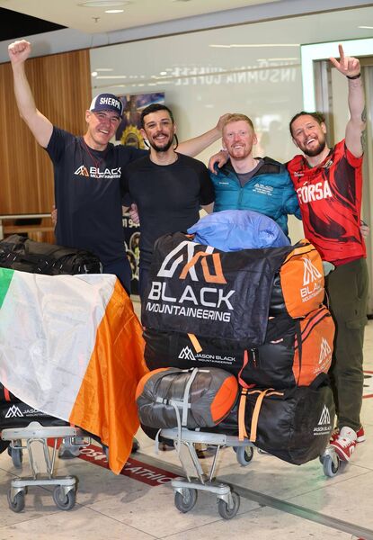 “Homecoming of the Historic Irish Everest Mountaineering Team”. Pictured is Irish Everest expedition team members Jason Black , Éanna McGowan, Adam Sweeney and Padraig O Hora as they arrived home at Dublin Airport after successfully summiting Mount Everest, “Homecoming of the Historic Irish Everest Mountaineering Team”. Pictured is Irish Everest expedition team members Jason Black , Éanna McGowan, Adam Sweeney and Padraig O Hora as they arrived home at Dublin Airport after successfully summiting Mount Everest,