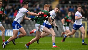 <p>Darragh Beirne of Mayo is fouled by Cameron Dowd of Monaghan during this year's National Football League Division 1 match at St Tiernach's Park. Brien will make his senior championship debut on Sunday against the same opposition.	Picture: Sam Barnes/Sportsfile</p>