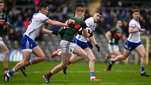 <p>Darragh Beirne of Mayo is fouled by Cameron Dowd of Monaghan during this year's National Football League Division 1 match at St Tiernach's Park. Brien will make his senior championship debut on Sunday against the same opposition.	Picture: Sam Barnes/Sportsfile</p>