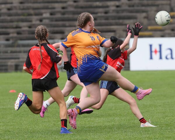 Ella O'Hora drives the ball forward for Currabaggan NS. Picture: Michael Donnelly Ella O'Hora drives the ball forward for Currabaggan NS. Picture: Michael Donnelly