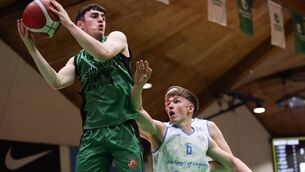 <p>Ballina Braves' Mark Cunningham is challenged by Sean O'Donoghue of Cavan Eagles during the 2025 BIDL Plate Final at the National Basketball Arena. The Braves are set to join Basketball Ireland Division Two for the 2026/27 season.	Picture: INPHO/Tom Maher</p>
