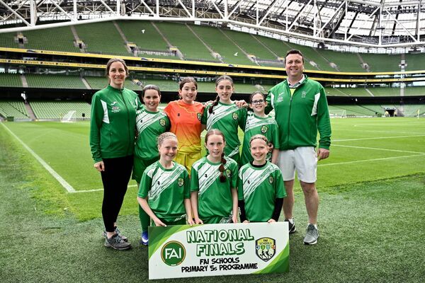 Lankill NS from Aughagower, Westport, before kick-off at the FAI Primary 5s National Finals at Aviva Stadium in Dublin. Picture: Piaras Ó Mídheach/Sportsfile Lankill NS from Aughagower, Westport, before kick-off at the FAI Primary 5s National Finals at Aviva Stadium in Dublin. Picture: Piaras Ó Mídheach/Sportsfile
