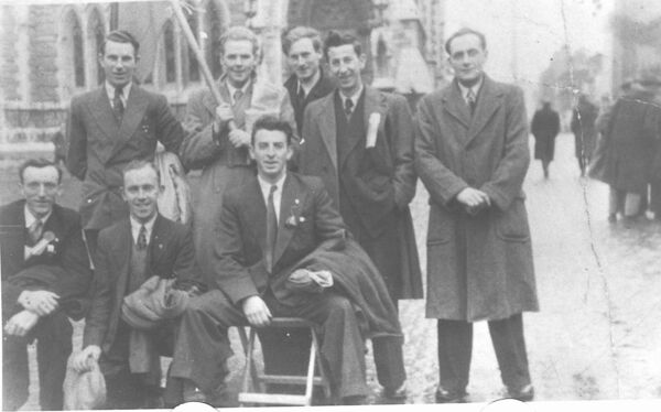 A group of Foxford men on their way to the All-Ireland Senior Football Final in 1950, back row, from left: Jim McDonnell, Louis Browne, Micheál Deacy, John Heneghan, Dom Geoghegan. Front row: Tommy Thornton, Tom Mayock and Dick Heneghan. Picture: Courtesy of Carmel Devaney A group of Foxford men on their way to the All-Ireland Senior Football Final in 1950, back row, from left: Jim McDonnell, Louis Browne, Micheál Deacy, John Heneghan, Dom Geoghegan. Front row: Tommy Thornton, Tom Mayock and Dick Heneghan. Picture: Courtesy of Carmel Devaney