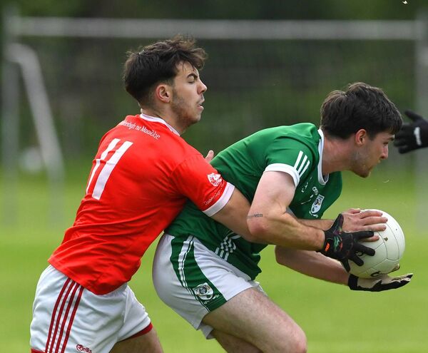 Moy Davitts’ Jamie Clarke tackles Charlestown’s Jack Corley. Picture: David Farrell Moy Davitts’ Jamie Clarke tackles Charlestown’s Jack Corley. Picture: David Farrell