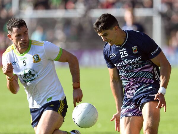 Mayo’s Tommy Conroy, who scored three points when introduced off the bench, takes on Meath’s Donal Keogan. Picture: David Farrell Mayo’s Tommy Conroy, who scored three points when introduced off the bench, takes on Meath’s Donal Keogan. Picture: David Farrell