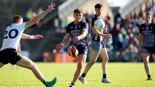 <p>Mayo’s Jordan Flynn scores a two pointer against Meath</p>