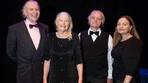 <p>Séamus Mac ConMara, Máire de Búrca and Seán Ó Cionfhaola with their director Róisín Uí Chógáin as they staged their debut play ‘Na Spéaclaí Draíochta’ in the Linenhall Arts Centre in Castlebar. 	Picture: Alison Laredo</p>