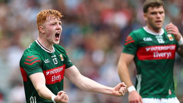 <p>Mayo’s Darragh Beirne celebrates scoring a point. Picture: INPHO/James Crombie</p>